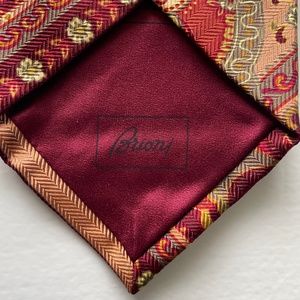 BRIONI Italian Silk Tie Large Paisley Coral Deep Red Olive Green Cream